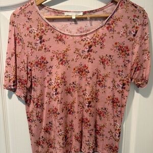 LoveShackFancy Pink Floral Scoop Neck Short Sleeve Top